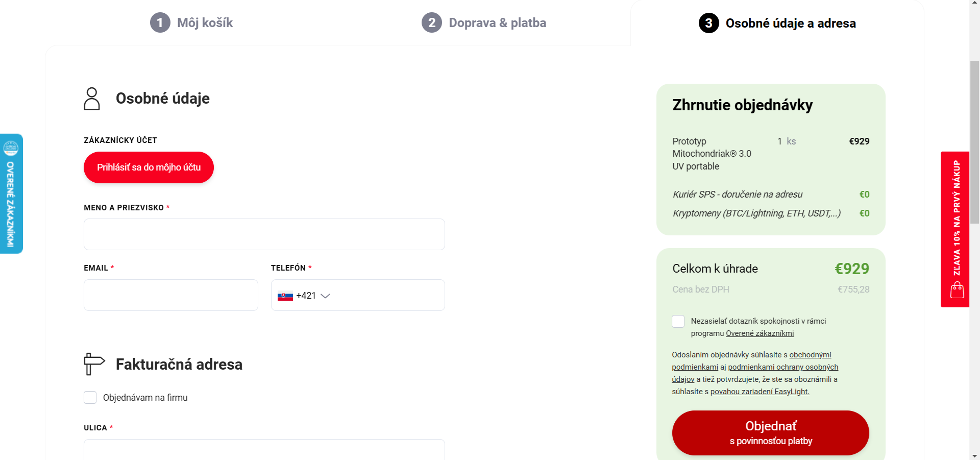 EasyLight mitochondriak Platba BTC kryptomenami 4